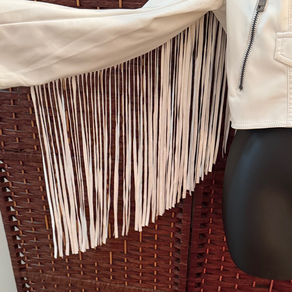 Faux Leather Fringe White Moto Jacket - M - Picture 8 of 16
